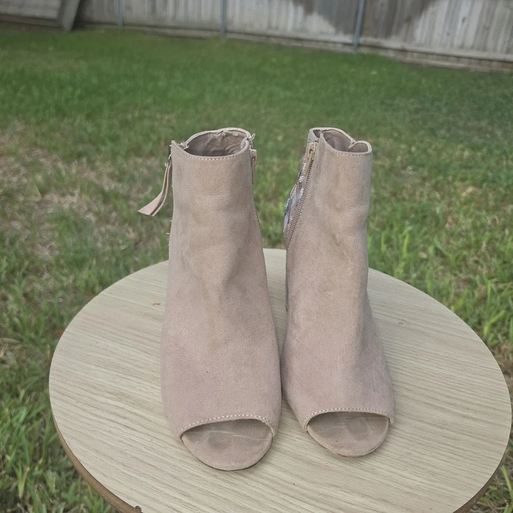 Beige Faux Suede Floral Embroidered Open Toe Block Heel Ankle Booties